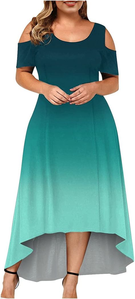 Amazon.com: VEZAD Plus Size Women Tie Dye Long Maxi Dress Cold Shoulder Short Sleeve Crewneck High Low Hem Cocktail Party Dresses : Clothing, Shoes & Jewelry Gradient Dress, Shorts Dress, Dress Heels, Vestido Plus Size, Autumn Casual, Comfortable Style, Dance Performance, Vestido Casual, Dress Material