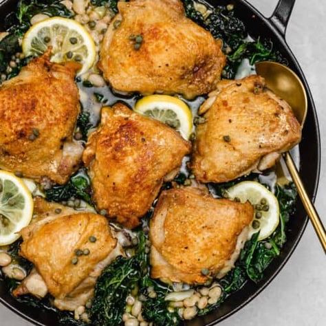 Chicken With White Beans, White Beans And Kale, Beans And Kale, Pan Seared Chicken Thighs, Braised Kale, Braised Chicken Thighs, Bon Apetit, Pan Seared Chicken, Seafood Recipe