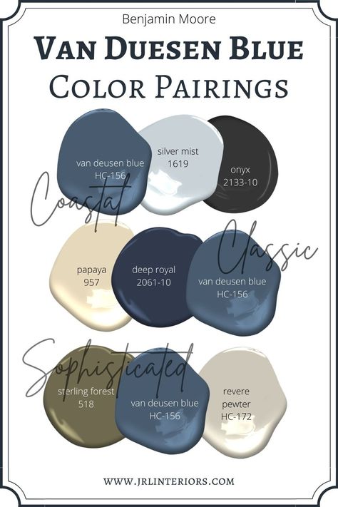 JRL Interiors — Best Blue Paint Color Pairings Foyer Paint Color Ideas Benjamin Moore, Dark Blue Interior Paint Colors, Historic Blue Paint Colors, 2024 Blue Paint Colors, Van Duesen Blue, Van Deusen Blue, Cape Style Homes, Blue Paint Color, Best White Paint