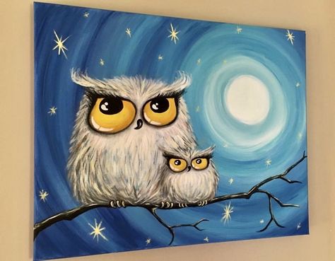 Owl Canvas Painting, Ideas For Painting, Night Owls, Owls Drawing, Paint Night, Easy Canvas Painting, Canvas Painting Diy, Art Deco Posters, Owl Painting