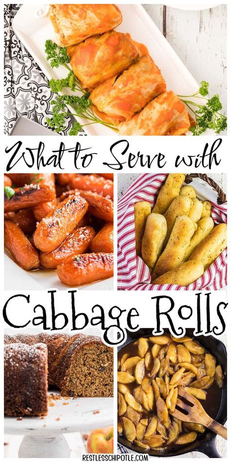 Wondering what to serve with cabbage rolls? Look no further! Here is a list of sides, breads, and even desserts that work with this dish! Side Dish For Cabbage Rolls, Sides For Cabbage Rolls, Cabbage Roll Side Dishes, What To Serve With Cabbage Rolls, Egg Noodle Side Dish, Polish Stuffed Cabbage, Easy Potluck Recipes, Cabbage Wraps, Unstuffed Cabbage Rolls