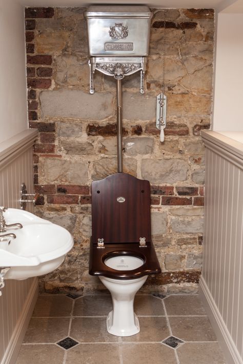 Vintage luxury traditional interior design toilet cistern cloakrom chadder and co Traditional Cloakroom, Interior Design Toilet, Victorian Toilet, Outside Toilet, Vintage Toilet, Design Toilet, Luxury Toilet, Toilet Ideas, Vintage Bathroom Decor