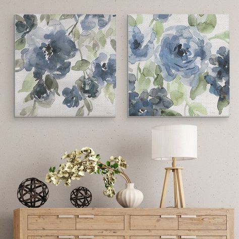 Charlton Home® BelleS Blue I And II Indigo by Carol Robinson - 2 Piece Print on Canvas | Wayfair.ca Nature Inspired Living Room, Sage Living Room, Monochrome Living Room, Living Room Painting, White Wall Decor, Wall Art Farmhouse, Blue Sage, Green Home Decor, Mural Floral