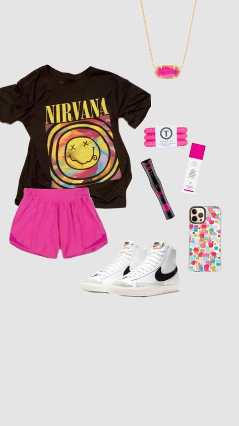 My new Nirvana shirt 😍💪 #outfitinspo #beauty #preppy #taylorswift #summer #fyp #pink #oversized #foryou #foryoupage #comfy #viral #goviral #tiktok #tt #aviatornation #lululemon #rollerrabbit #nirvana Preppy Outfits Nirvana, How To Style Nirvana Shirt, Nirvana T Shirt Outfit, Nirvana Aesthetic Outfit, Preppy Travel Outfit, Nirvana Shirt Outfit, Preppy Nirvana, Nirvana Clothes, Nirvana Outfit