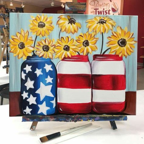 Patriotic Mason Jars, Painting With A Twist, Flag Painting, Simple Acrylic, Simple Canvas Paintings, Cute Canvas Paintings, Summer Painting, Easy Canvas Painting, Canvas Painting Diy