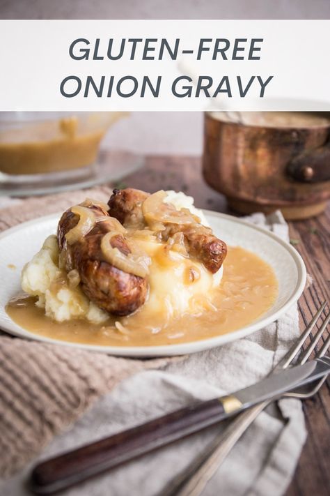 This deep rich vegetarian Gluten-Free Onion Gravy is a testament that you don’t need meat drippings or beef stock to make an excellent gravy. Thick and smooth, this flavourful gravy is a wonderful accompaniment to sausages, pies, mashed potatoes, Sunday lunch or any of your favourite comfort foods. #FromTheLarder #GlutenFree #GlutenFreeGravy #GlutenFreeOnionSauce #GravyForSausages Gluten Free Beef Gravy, Gravy Gluten Free, Gluten Free Gravy Recipe, Savoury Mince, Gluten Free Gravy, Vegetarian Gravy, Vegan Gravy, Vegan Worcestershire Sauce, Gluten Free Sides