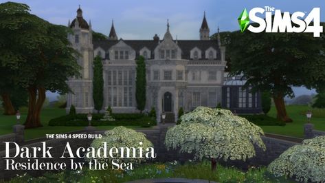 Dark Academia Residence by the Sea | Tray Files + CC list | Patreon Dark Academia Building, Dark Academia House, Academia House, Dark Mansion, Sims 4 Speed Build, Sims 4 House Building, Cozy Backyard, Jungle Adventure, House Building