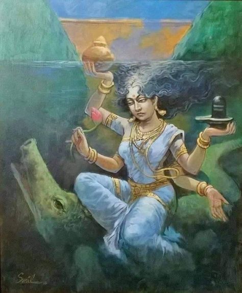 Goddess Ganga, Jay Mataji, Vintage Art Paintings, Ancient Drawings, Mythology Books, Indian Illustration, Saraswati Goddess, Goddess Sculpture, Sanatan Dharma