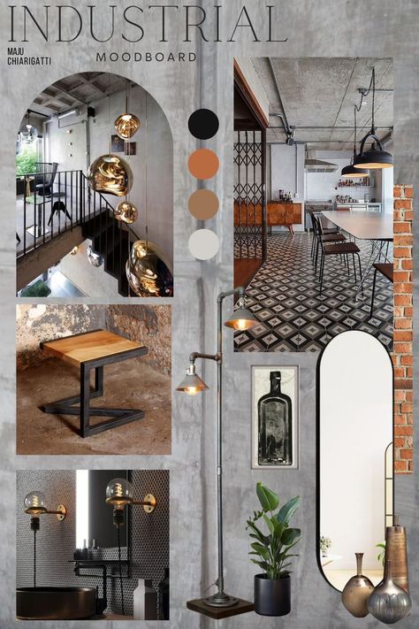 Industrial Material Board, Industrial Break Room, Industrial Moodboard, Industrial Decor Living Room, Industrial Loft Design, Materials Board Interior Design, Mood Board Interior, Interior Design Layout, Modern Industrial Decor