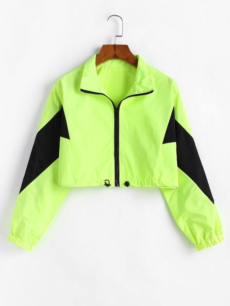 Zip Front Neon Lime Cropped Windbreaker Jacket  GREEN , #AD, #Neon, #Lime, #Zip, #Front, #Jacket #Ad Neon Green Outfits, Zumba Kids, Cropped Windbreaker, Black Hoodie Women, Jacket Store, Streetwear Jackets, Nerd Fashion, Neon Outfits, Hooded Denim Jacket