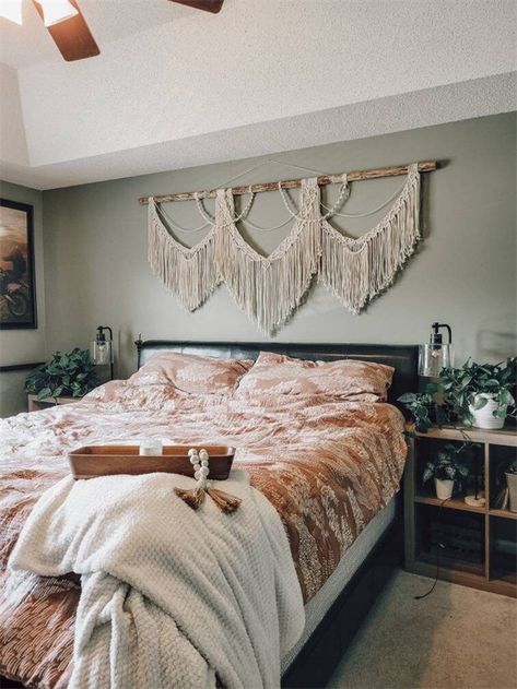 Macrame Over Bed, Above Headboard Decor, Bedroom Wall Decor Above Bed, Boho Headboard, Peacock Chairs, Decor Above Bed, Macrame Headboard, Natural Branches, Macrame Home