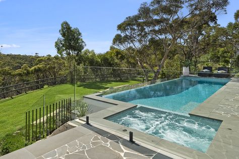 Luxury Fully Tiled Swimming Pool and Spa Duffys Forest - Crystal Pools Pool With Spa, Concrete Swimming Pool, Blue Glass Tile, Residential Pool, Pool And Spa, Lap Pool, Pool Builders, Pool Designs, Visual Effects