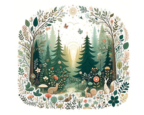 This illustration depicts a whimsical forest scene brimming with life and color. The forest is densely populated with an assortment of trees, predominantly evergreens, creating a lush green backdrop. The foliage is a collection of various plant species, with leaves and flowers of different shapes and sizes adorning the scene in a diverse palette of greens, yellows, and subtle reds. At the heart of this forest setting, the sun is depicted with concentric circles radiating light and warmth, adding a mystical glow to the environment. Among the flora, a variety of animals are present; there are birds in flight, a rabbit poised attentively, a gentle deer looking on, a snail inching forward, and a squirrel busily foraging. The scene is framed by a decorative border made of intertwined branches a Heart Of The Forest, Woodland Graphic Design, Forest Setting, Deer Illustration, Creature Artwork, Forest Illustration, Green Backdrops, Concentric Circles, Whimsical Forest