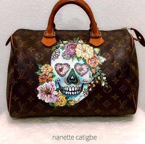 Painted Louis Vuitton, Bag Painting, Candy Skulls, Painted Tote, Painted Bags, Leather Paint, Shoe Tags, Louis Vuitton Wallet, Custom Painted