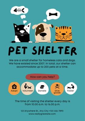 Teal Cartoon Illustrated Pet Shelter Poster - Templates by Canva Animal Shelter Poster Ideas, Animal Shelter Poster, Pet Shelter Aesthetic, Animals Shelter, Animal Shelter Design, Charity Poster, Pet Shelter, Hiring Poster, Pet Branding