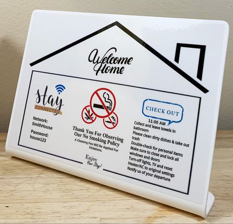 Provide your guests with important information at your front counter or entryway to prevent any future issues with their stay. #airbnbhost #vrbo #airbnbsuperhost #airbnbtips Air Bnb Tips, House Rules Sign, Airbnb Welcome Sign, Laser Engraved Acrylic, Apartment Deco, Airbnb Host, Short Term Rental, House Rules, Custom Door