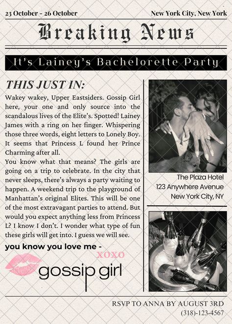 Gossip Girl Bachelorette Party, Gossip Girl Party, Xoxo Gossip Girl, Bachelorette Bachelor Party, Bridal Theme, Diy Invitation, Xoxo Gossip, Bachelorette Party Invitation, Bachelorette Party Planning