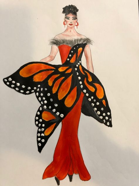 Fashion design Butterfly Dress Illustration, Butterfly Fashion Design, Loose Dress Pattern, Croquis Fashion, Met Gala Outfits, Butterfly Fashion, Fashion Illustration Sketches Dresses, Calf Sleeve, Fashion Design Patterns