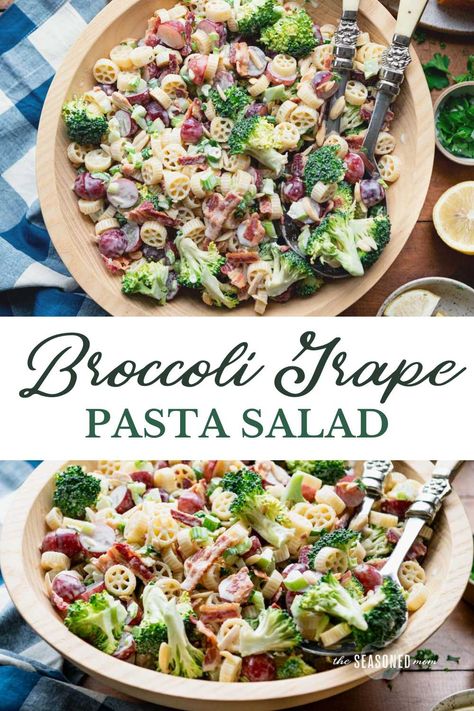 This broccoli grape salad is loaded with flavors and textures thanks to tender pasta, fresh veggies, juicy grapes, smoky bacon, and crunchy pecans all tossed together in a creamy dressing. It's a perfect side dish for weeknight dinners, cookouts, potlucks, and holiday tables! Grape Pasta Salad, Grape Pasta, Broccoli Grape Salad, Amish Broccoli Salad, Pasta Fresh, Potluck Dinner, Creamy Dressing, Grape Salad, Bread Salad