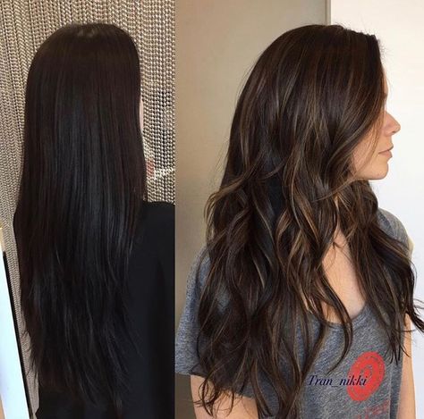 Beautiful before and after for brunette hair. Black To Brunette Hair Before And After, Hair Changes For Brunettes, Black To Brown Hair Before And After, Hairstyles Bangs, Black Hair Balayage, Change Hair, Brunette Balayage, Air Dry Hair, Balayage Brunette