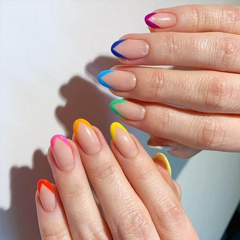 30+ Rainbow Nails You Need To Try This Summer! - Prada & Pearls Olive Nails, Rainbow Nails Design, Rainbow Nail Art, Multicolored Nails, Colored Acrylic Nails, Nails For Kids, Rainbow Nails, Dream Nails, Minimalist Nails