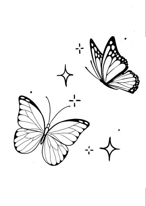 Butterfly With Sparkles Tattoo Design, Flash Tattoo Borboleta, Butterfly Tattoo With Sparkles, Two Small Butterflies Tattoo, Small Butterfly Outline, Black And White Outline Drawings, Black And White Drawings Simple, Butterflies Tattoo Stencil, Butterfly Design Drawing