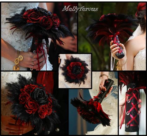 Black Red Bouquet, Pirate Wedding Bouquet, Black Bridesmaid Dresses Red Bouquet, Red And Black Bridesmaid Bouquet, Gothic Wedding Bouquet Red And Black, Beach Bouquet, Black Red Wedding, Pirate Wedding, Red Feather