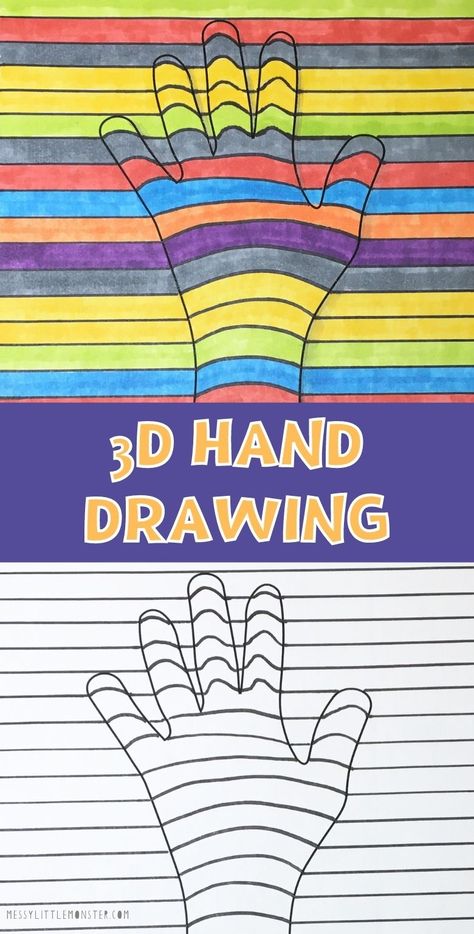 3D hand drawing art project for kids. Optical art hand illusion 3d Hand Art, Hand Illusion, 3d Hand Drawings, Hand Art Projects, Hand Outline, Hand Art Kids, Art Project For Kids, Cool Optical Illusions, Project For Kids