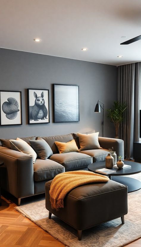 19 Grey Couch Living Room Ideas for a Unique Home Aesthetic - DIYCozy: Nails, Decor, DIY, Gardening, Holidays Room With Gray Couch, Living Room With Gray Couch, Grey Couch Living Room Ideas, Office Decor Workplace, Rv Living Room, Dark Grey Couches, Couch Living Room Ideas, Loveseat Sleeper Sofa, Sleek Coffee Table