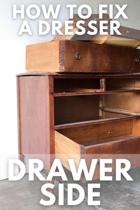 How to Fix a Dresser Drawer Side Dresser Drawer Repair, How To Fix Dresser Drawers, Dresser Drawer Slides, Broken Dresser, Drawer Repair, How To Remove Sharpie, Old Dresser Drawers, Restore Wood, Antique Drawers