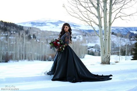 My Black wedding dress that I had dyed for my special day. I felt like a Disney Villan Winter Wedding Black Dress, Black Winter Wedding Dress, Goth Winter Wedding, Winter Elopement Dress Black, Gothic Winter Wedding, Black Wedding Dress With Fur, Bride Dress Black Veau, Black Wedding Dress In Snow, Long Gothic Dress Marrige