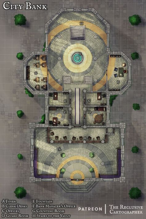 Ground floor level of an elegant city bank building, with front desk clerk stations, meeting rooms, a guard room, and more. #battlemap #dnd Dnd Bank Vault Map, Dnd Heist Map, Dnd Bank Map, Dnd Vault Map, Medieval Bank Minecraft, Vault Battlemap, Honey Heist, Dnd Locations, Bank Heist