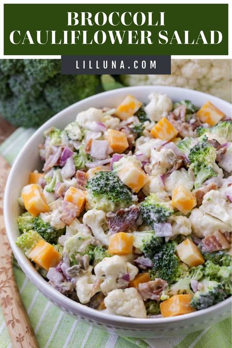 Flavorful and simple Broccoli Cauliflower Salad has a creamy crunch and is sure to be a hit at any BBQ or get-together. #broccolicauliflowersalad #broccolisalad #healthy #salad #easysalad Cauliflower Broccoli Salad, Bacon Cauliflower Salad, Savory Potato Salad, Broccoli Cauliflower Salad Recipes, Macchiato Recipe, Great Salad Recipes, Broccoli Cauliflower Salad, Bacon Cauliflower, Recipes Salads