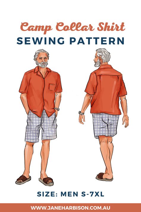 Men's Camp Collar Shirt Sewing Pattern Downloadable Mens Sewing Patterns Free Pdf, Men’s Sewing Patterns, Men Sewing Patterns, Short Sewing Pattern, Sewing Patterns For Men, Sewing Pattern For Men, Large Men Fashion, Mens Sewing, Mens Shirt Pattern