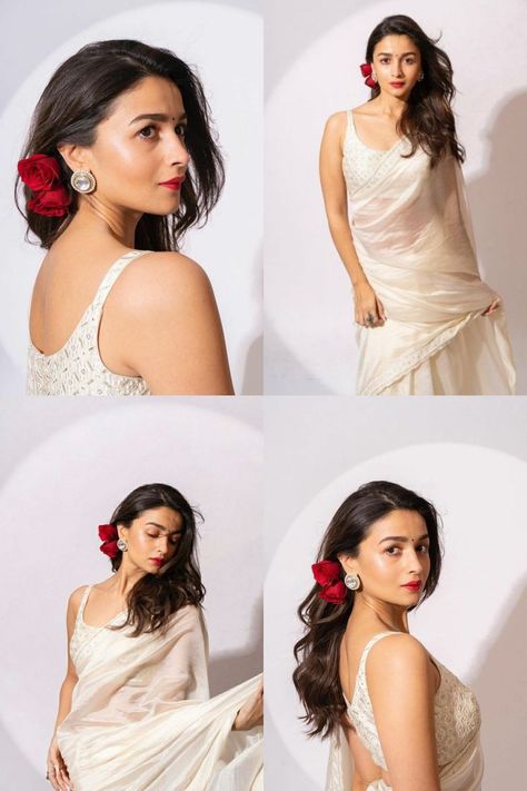 Short Hairstyle With Lehenga, Alia Bhatt Hairstyles Wedding, Hair Bun Indian Style, Hairstyles On Black Dress, Short Hair Lehenga Hairstyles, Wedding Hairstyles Indian Short Hair, Saree And Gajra Look, Aesthetic Saree Hairstyles, Hairstyles On Designer Saree