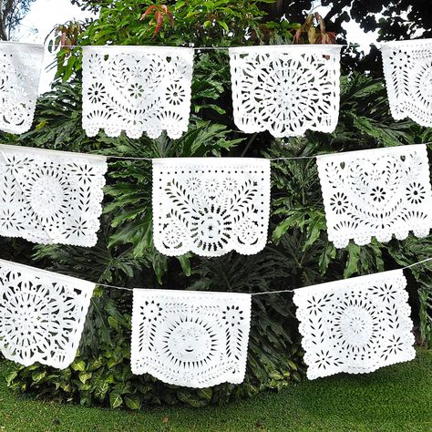 Mexican Garland, White Papel Picado, Wedding Streamers, Papel Picado Wedding, Mexican Theme Party Decorations, Mexican Bridal Showers, Mexican Themed Weddings, Mexican Party Decorations, Mexican Fabric