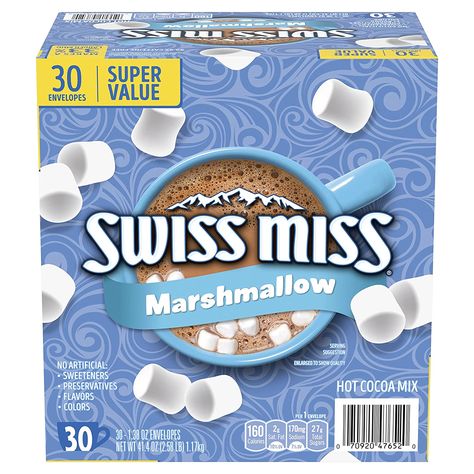 Enjoy each sip of Swiss Miss Marshmallow Hot Cocoa Mix. It's the warm, comforting hot cocoa drink that's perfect for mornings, snow days, and sweet evening treats. Made with real milk, this Swiss Miss Hot Cocoa with marshmallows has the timeless flavor that moms know and kids love. This delicious hot drink with mini marshmallows has 160 calories per serving. So, after a long day of work or play, enjoy a moment of chocolatey relaxation. Swiss Miss Hot Chocolate, Hot Chocolate Packets, Hot Cocoa Packets, Walmart Food, Walmart Products, Dr Food, Danish Cookies, Burr Basket, Brand Food