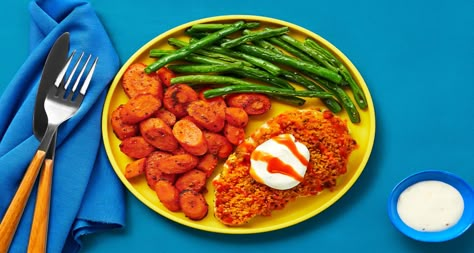 Crispy Buffalo-Spiced Chicken Recipe | HelloFresh Fresh Chicken Recipes, Hello Fresh Chicken, Fresh Dinners, Hellofresh Recipes, Carrots And Green Beans, Blue Cheese Sauce, Spiced Chicken, Fresh Meals, Hello Fresh Recipes