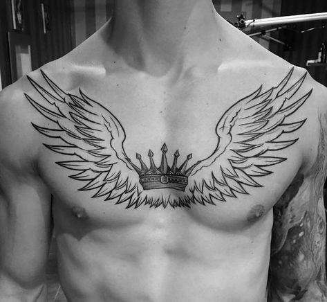 One of the most popular tattoo designs for guys is the wing chest tattoo. Wing chest tattoos are often connected with religion and spirituality, and they have a lot of meaning for the person who wears them. Chest Tattoo Wings, Wings Tattoo Meaning, Crown Tattoo Men, Wing Tattoo Men, Small Chest Tattoos, Crown Tattoo Design, Flame Tattoos, Tattoo Inspiration Men, Men Chest