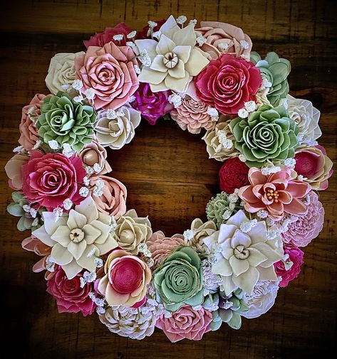 This Vibrant SolaWood Floral Wreath measures approximately 15 inches in diameter and is designed with hand dyed SolaWood flowers in tones of pink, mint, fuschia,cream and finished with white babies breath throughout.  Item makes a great gift and is ready to ship.  Free Shipping! Babies Breath, Door Wreath Hanger, Door Hangers, Door Wreaths, Hand Dyeing, Floral Wreath, Georgia, Wreath, Great Gifts