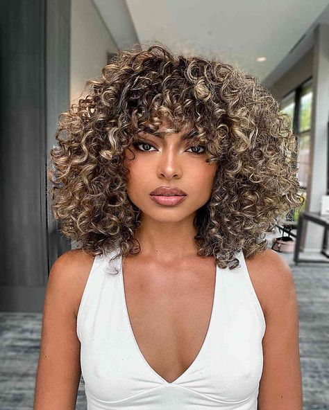 High Light Curly Hair, Curly Hair With Bangs Highlights, Hi Lights On Curly Hair, Curly Hair Bangs Highlights, Curly Bangs Highlights, Hair Color For Curly Hair Natural Curls Highlights, Honey Blonde Highlights Curly Hair Black Women, Curly Hair With Highlights And Bangs, Balayage On Short Curly Hair