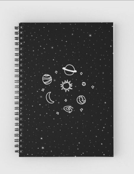 Space Notebook Cover, Black Notebook Ideas, Black Book Cover Design, School Notebook Ideas Cover, Spiral Notebook Cover Diy, Cover Notebook Design, Diy Notebook Cover For School, Cute Notebook Covers, Notebook Ideas Cover Design