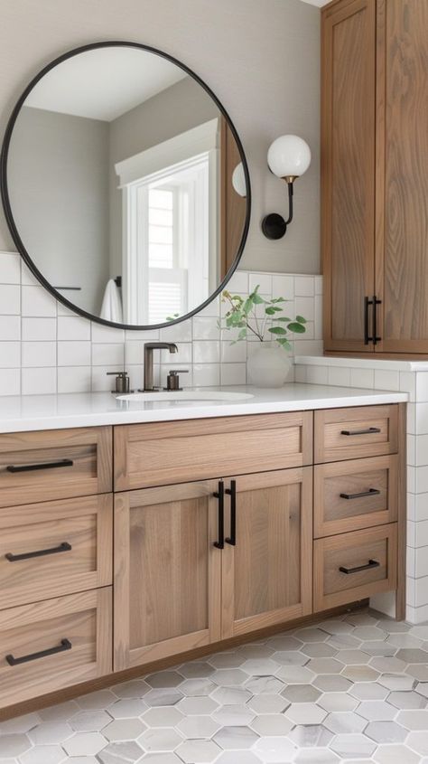 Small Bathroom Backsplash Ideas Vanities, Interesting Bathroom Design, Desert Modern Bathroom, Second Bathroom Remodel, Bathroom Design Storage, Modern Farmhouse Bathroom Joanna Gaines, Wood And White Bathroom, Master Bath Modern, Transitional Bathroom Ideas