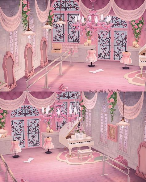 Pink Aesthetic Animal Crossing, Pink Animal Crossing Aesthetic, Ballet Animal Crossing, Acnh Ballet Studio, Acnh Dance Studio, Acnh Pink And Black Island, Cute Animal Crossing Island Ideas Pink, Animal Crossing Princess Island, Animal Crossing Island Inspiration Pink