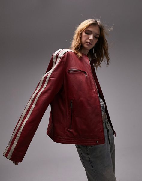 Coats & Jackets by Topshop Welcome to the next phase of Topshop High collar Zip fastening Zip-chest pockets Regular fit Racer Jacket Outfit Women, Moto Racer Jacket, Red Biker Jacket, Striped Leather Jacket, Jacket Outfit Women, Racer Jacket, Leather Moto, Women's Coats & Jackets, Jackets Online