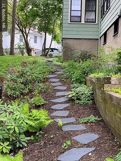 Gardener's Supply Company Flagstone Recycled Rubber Stepping Stone For Garden Walkway | Outdoor Patio Decor & Lawn Pathway Landscaping Stepping Blocks | Eco-Friendly Recycled Rubber - 17"W X 1/2 Thick : Patio, Lawn & Garden Flagstone Steps, Flagstone Pathway, Flagstone Path, Walkways Paths, Garden Stepping Stones, Stone Walkway, Sloped Garden, Garden Walkway, Garden Steps