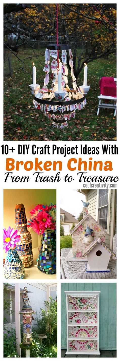 Broken Ceramic Crafts, Treasure 10, Broken China Crafts, Broken Glass Crafts, Craft Project Ideas, Unique Garden Art, China Crafts, Broken China Jewelry, Upcycling Ideas