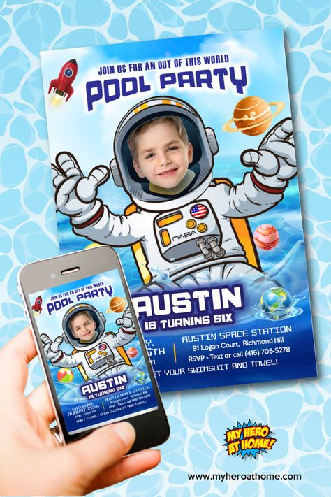 Astronaut Pool Party invitation, Astronaut Water Party invitation, Astronaut Splash Party, Astronaut waterslide, Outer Space Pool Party, Galaxy Splash party. Water Party Invitations, Pool Party Template, Football Invitations, Star Wars Invitations, Splash Party, Dinosaur Invitations, Invitation With Photo, Party Template, Pool Party Invitations