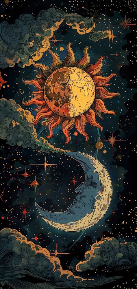 Wallpaper Backgrounds Witchy, Sun Moon Wallpaper Aesthetic, Aesthetic Sun Wallpaper Iphone, Celestial Ipad Wallpaper, The Sun And The Moon Aesthetic, Moon And Sun Wallpaper Aesthetic, Mushroom Asthetic Wallpers, Sun And Moon Art Aesthetic, Whimsy Goth Wallpaper