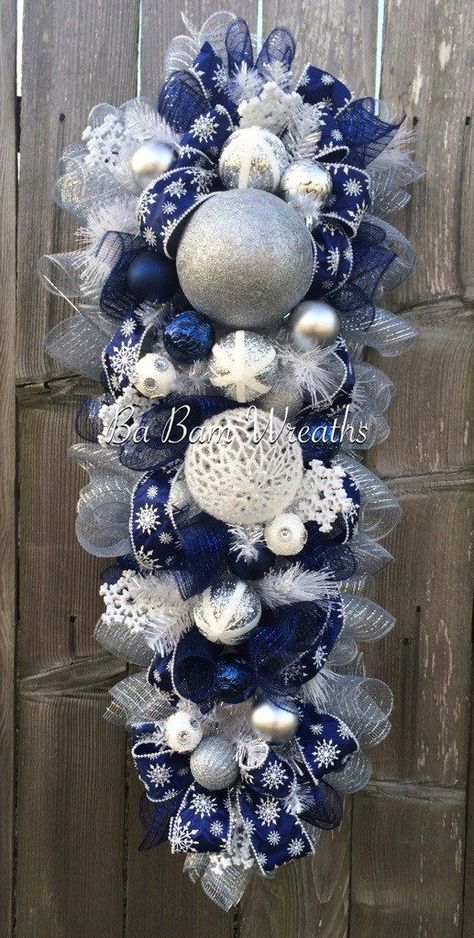 Blue White Christmas, Blue Christmas Tree Decorations, Christmas Door Hangings, Blue And White Christmas, Holiday Swag, Blue Christmas Decor, Silver Christmas Decorations, Blue Christmas Tree, Christmas Mesh Wreaths